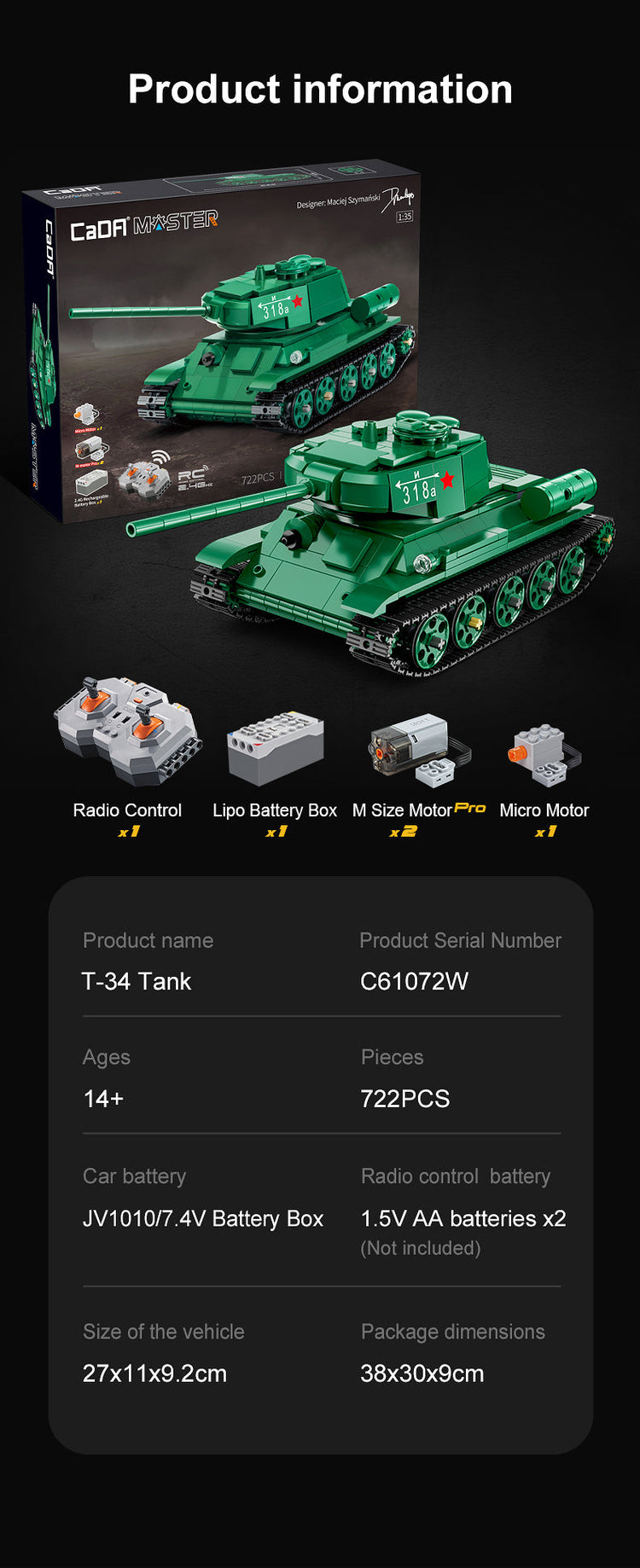 CaDA T-34 Tank with Remote Control 1:35 C61072