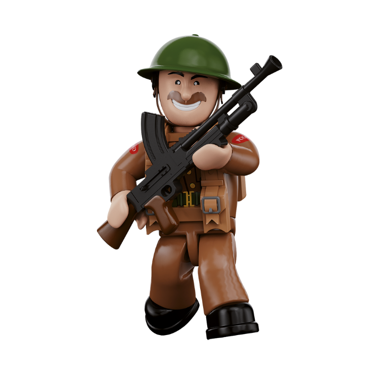 Handsome world war II Polish Cobi minifig holding a Bren gun. Brick Army is the supply depot for COBI in Canada.